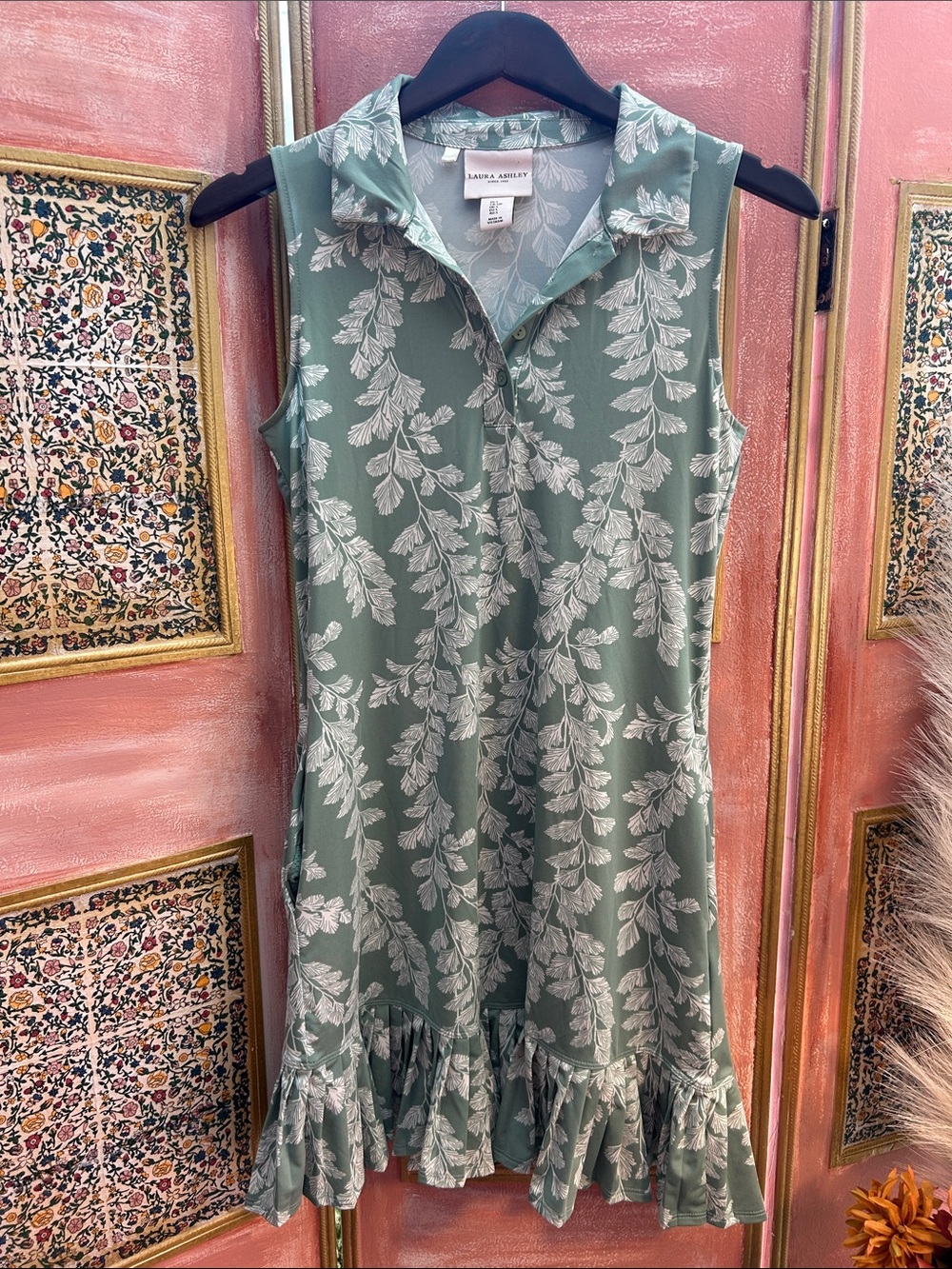 Laura Ashley Sage Green Leaf-Print Sleeveless Ruffle-Hem Dress